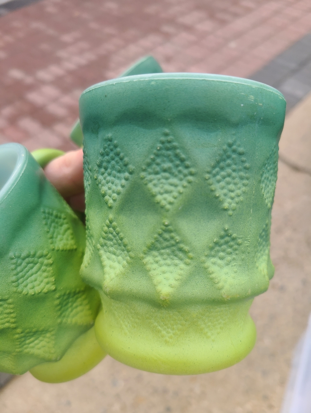 2 pc. Anchor Hocking "Kimberley" Green Ombre Textured Milk Glass Mug Set
